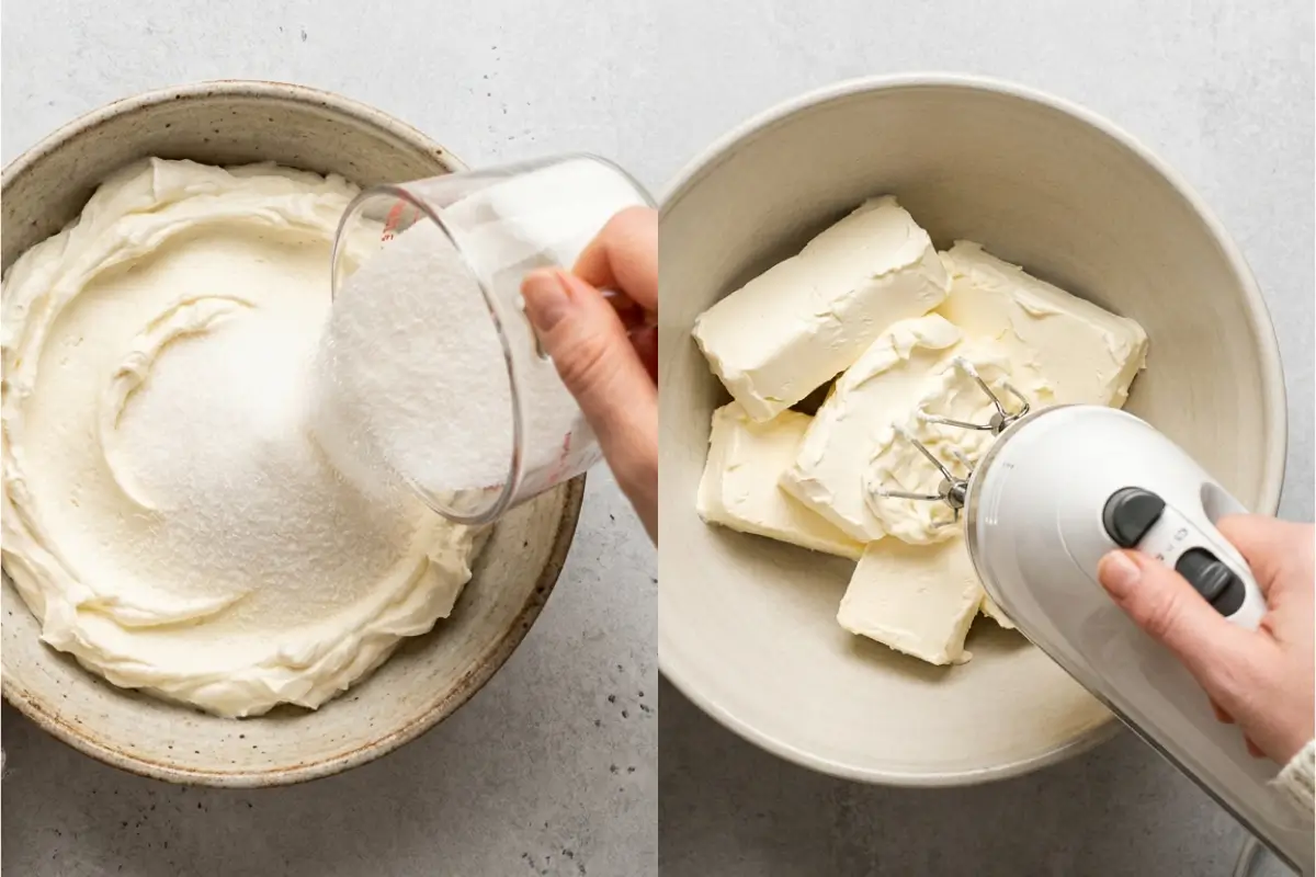 The Golden Rule Step-by-Step for Creamy Basque Burnt Cheesecake A side-by-side view of the step-by-step process for a creamy Basque burnt cheesecake, showing a hand pouring sugar from a measuring cup into a bowl of softened cream cheese on the left, and a hand using a white electric mixer to beat whole blocks of cream cheese in a bowl on the right