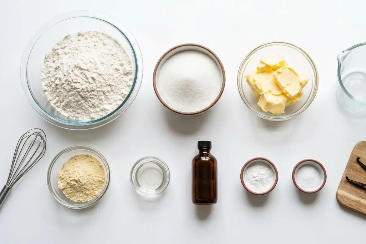 The Key Ingredients for Vegan Vanilla Bean Cupcakes An overhead view of essential baking ingredients, including flour, sugar, vegan butter, and a bottle of vanilla extract, carefully measured into glass and ceramic bowls to make delicious vegan vanilla bean cupcakes
