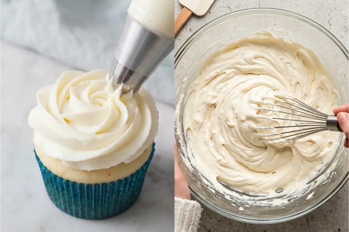Vanilla Cupcakes Piping rich vanilla buttercream onto a cupcake in a blue liner beside a glass bowl of freshly whipped frosting.