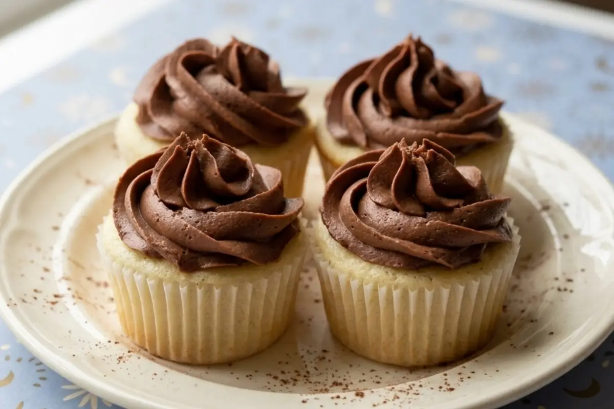 Vegan Vanilla Bean Cupcakes 3 Four freshly baked vegan vanilla bean cupcakes, generously topped with swirls of thick chocolate frosting, sit on a simple off-white plate lightly dusted with cocoa powder