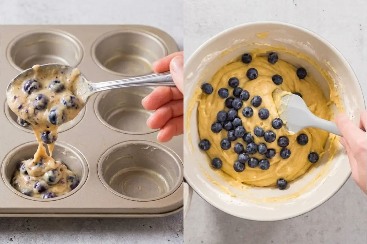 Why These Keto Lemon Blueberry Cupcakes Actually Work A side-by-side view demonstrating why these keto lemon blueberry cupcakes actually work, showing a hand gently folding fresh blueberries into a thick, golden batter in a ceramic bowl, and another hand spooning the rich mixture into a metal muffin tin.