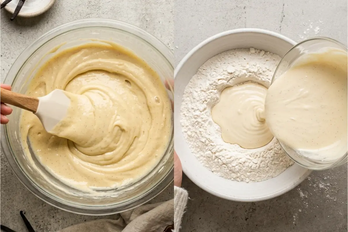 Why These Vanilla Cupcakes Work Side-by-side view showing why these vanilla cupcakes work as wet ingredients are poured into sifted flour and gently folded together with a spatula.