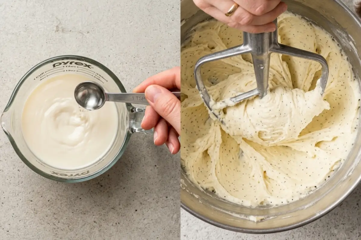 Why These Vegan Vanilla Bean Cupcakes Work Every Time A side-by-side view showing a teaspoon of liquid being added to plant milk to create vegan buttermilk on the left, and a stand mixer paddling fluffy batter speckled with vanilla seeds on the right, ensuring these vegan vanilla bean cupcakes work every time.