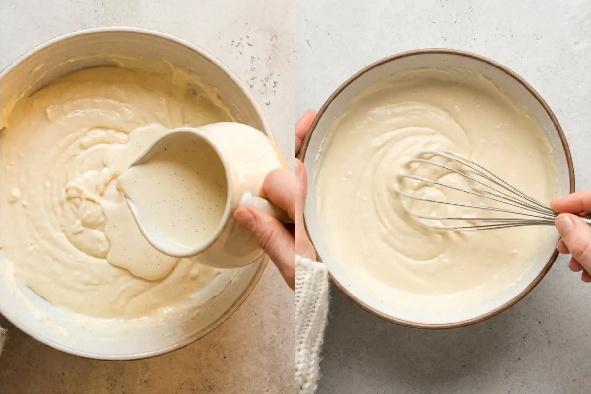 Why This Creamy Basque Burnt Cheesecake Works A side-by-side view showing the batter preparation for a creamy Basque burnt cheesecake, with a hand pouring vanilla-speckled cream from a pitcher into a bowl on the left, and a hand using a wire whisk to gently stir the silky, smooth mixture on the right