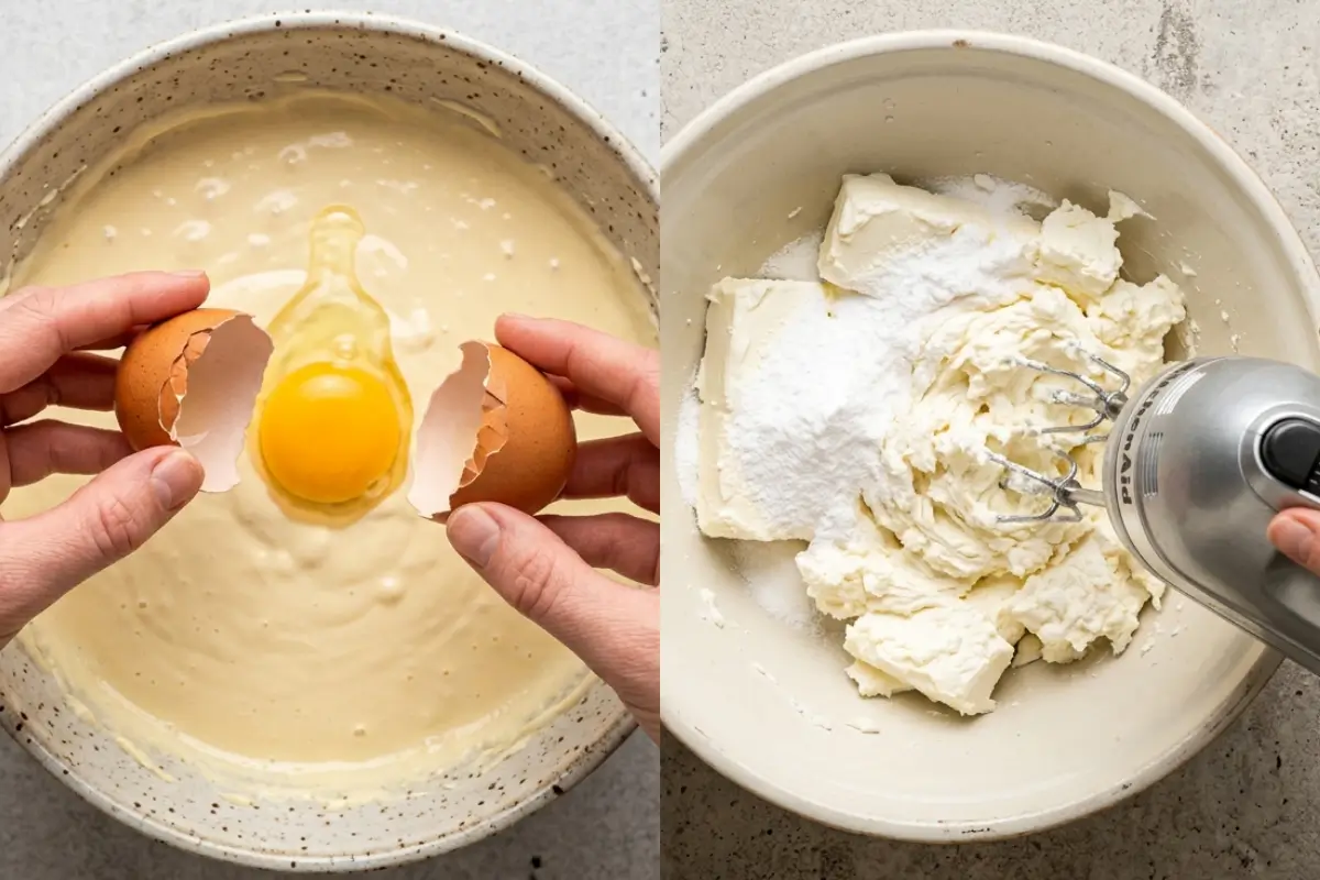 Why This Keto Low-Carb Cheesecake Recipe Works A side-by-side view demonstrating why this keto low-carb cheesecake recipe works, featuring hands gently cracking a fresh egg into a smooth, creamy batter on the left, and a silver hand mixer blending soft blocks of cream cheese with powdered sweetener in a rustic bowl on the right.