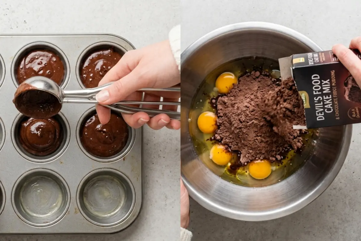 Why This Molten Chocolate Lava Cupcakes Works A split view demonstrating the easy steps for making molten chocolate lava cupcakes, showing chocolate batter being scooped into a metal muffin tin on the left and a box of devil's food cake mix being poured over fresh eggs in a rustic mixing bowl on the right