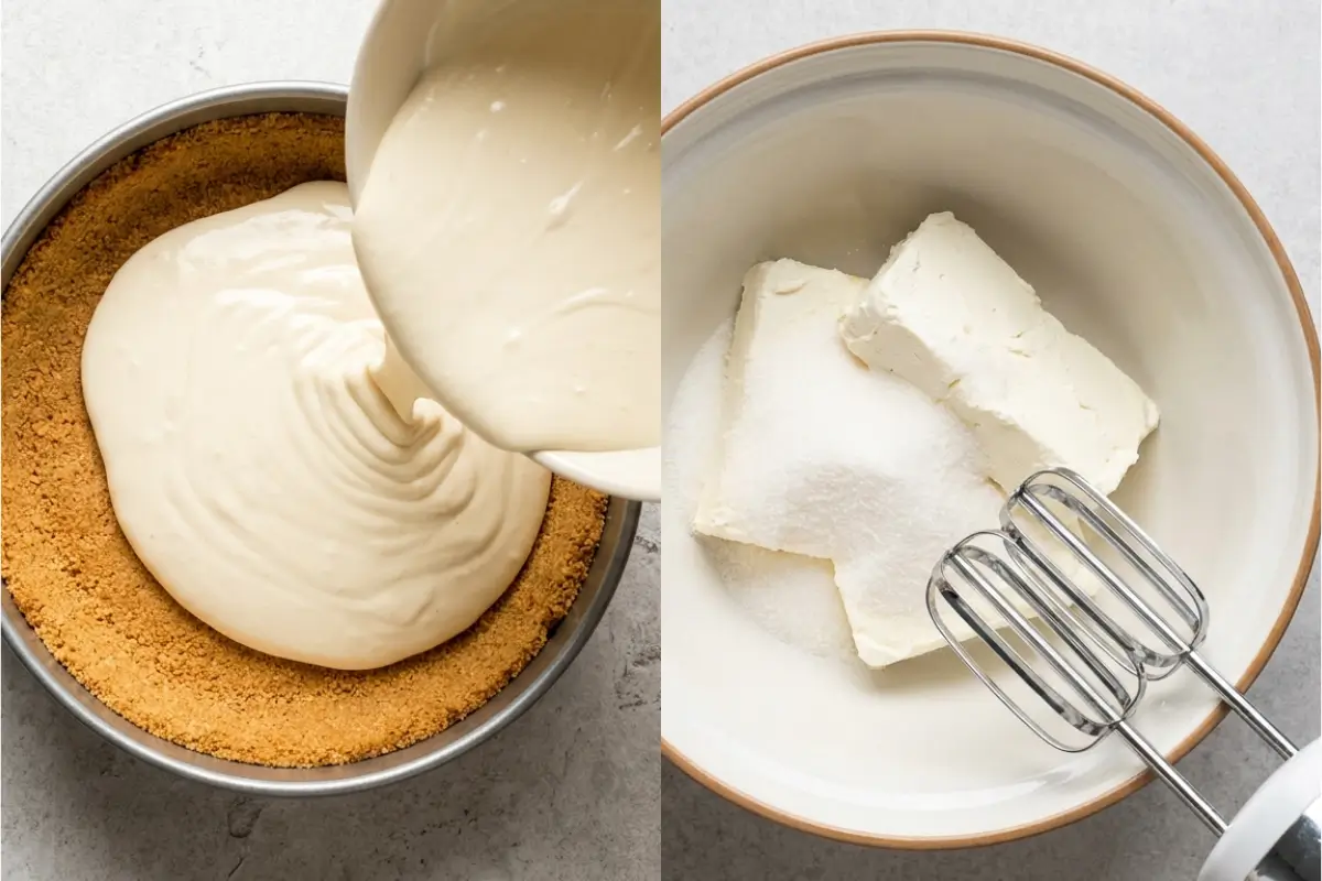 Why This New York Baked Cheesecake Works Why this New York baked cheesecake works: softened cream cheese and sugar ready for beating alongside smooth, velvety cheesecake batter being poured over a golden graham crust.