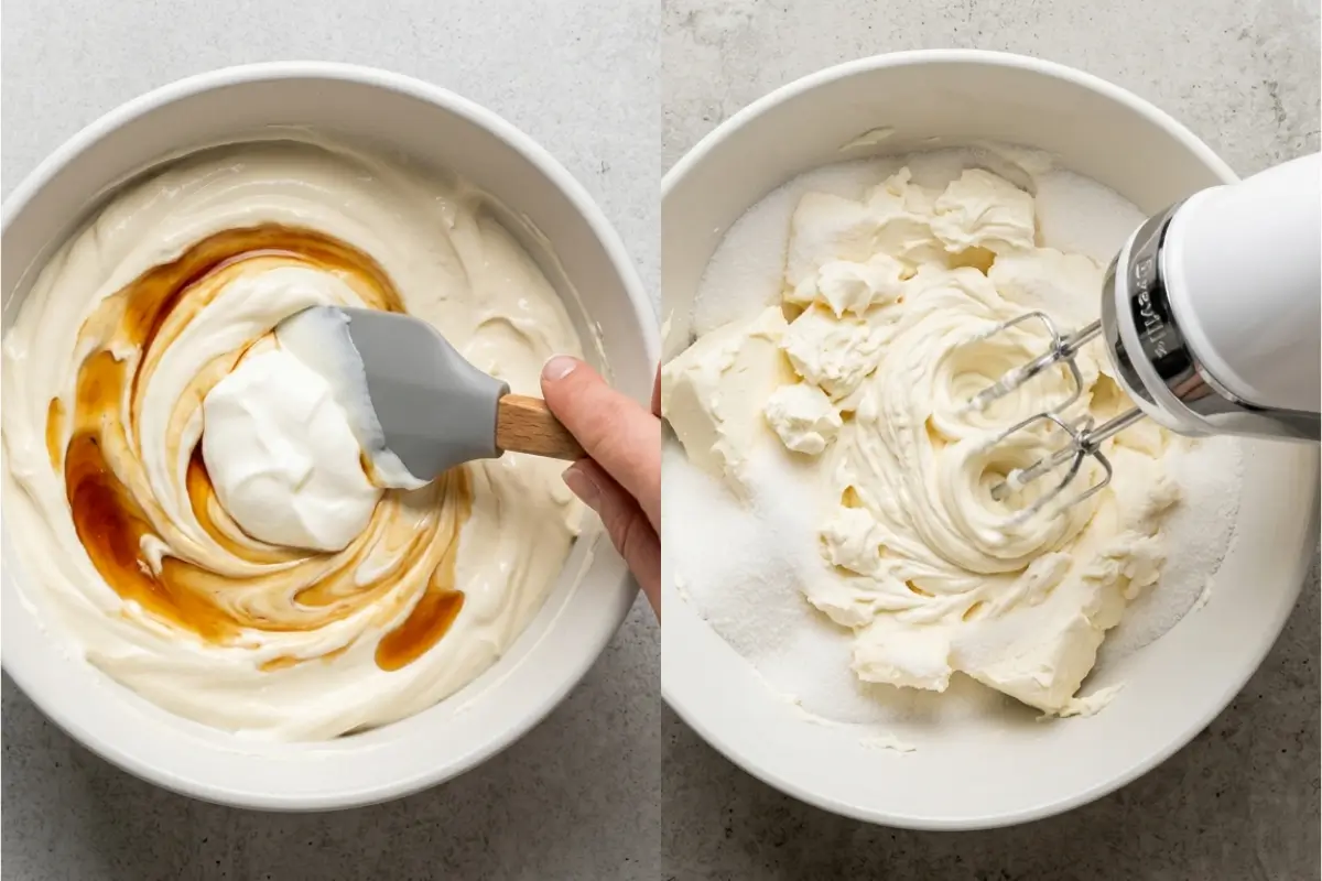 Step-by-step process showing why this no-bake strawberry cheesecake recipe works, featuring cream cheese beaten with sugar alongside folding in rich sour cream and vanilla extract.
