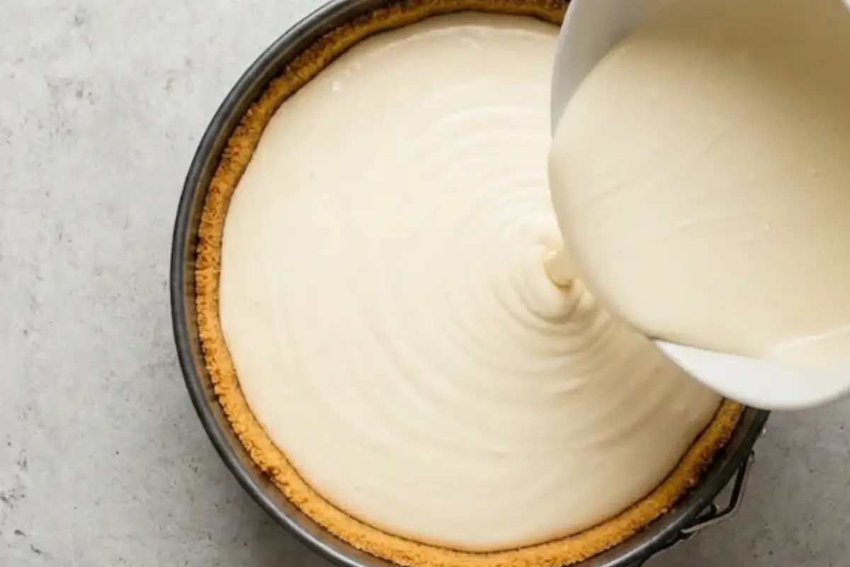 Why this no-bake strawberry cheesecake works shown by pouring a thick, velvety cream cheese batter smoothly into a golden graham cracker crust.