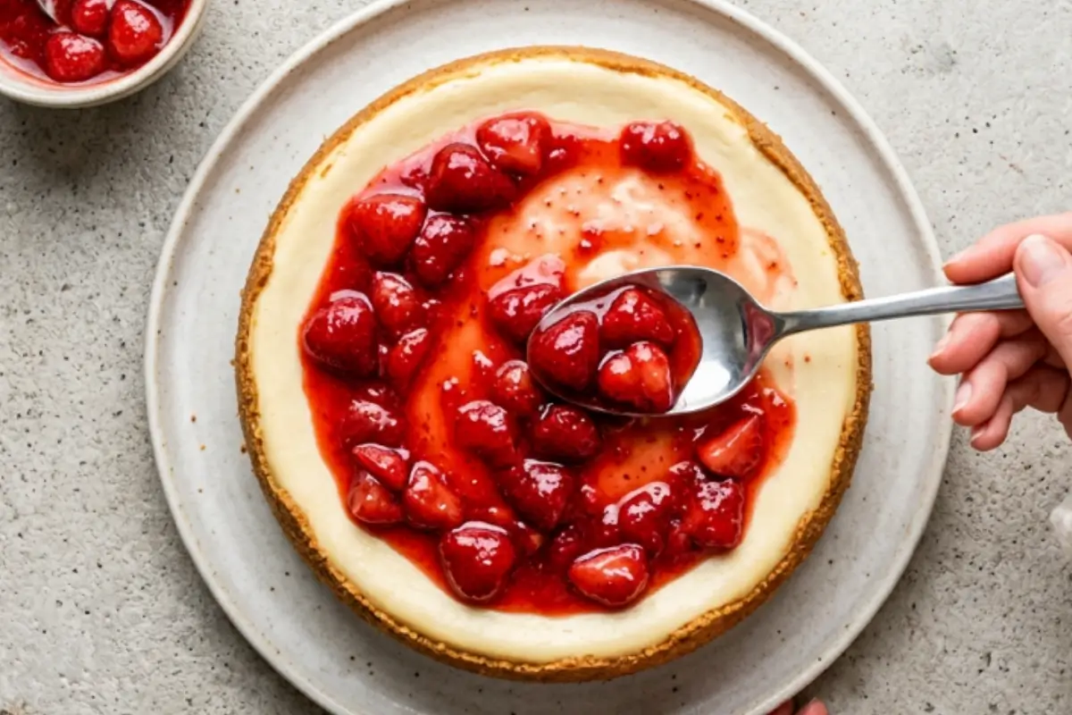 Demonstrating why this no-bake strawberry cheesecake recipe works by gently spooning glossy, ruby-red strawberry sauce over the chilled, velvety cheesecake surface.